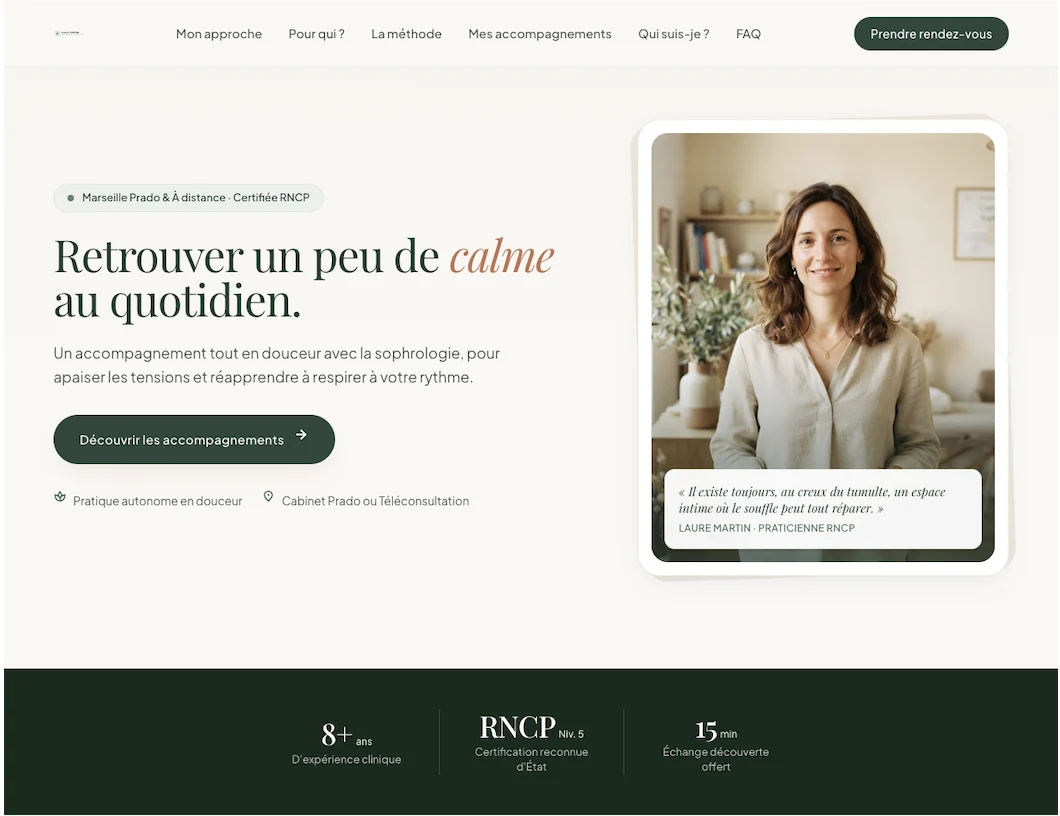 Exemple de page professionnelle pour thérapeute créée avec Myndlee
