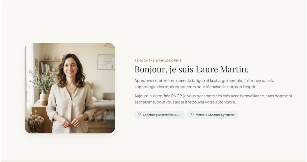 Portrait de Laure Martin et présentation de son approche de la sophrologie sur sa page professionnelle
